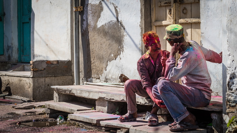 women, concrete, looking, traditional, men, hinduism, man, religious, festival, colorful, celebration, fun, lifestyles, young, color, two people, day, festive