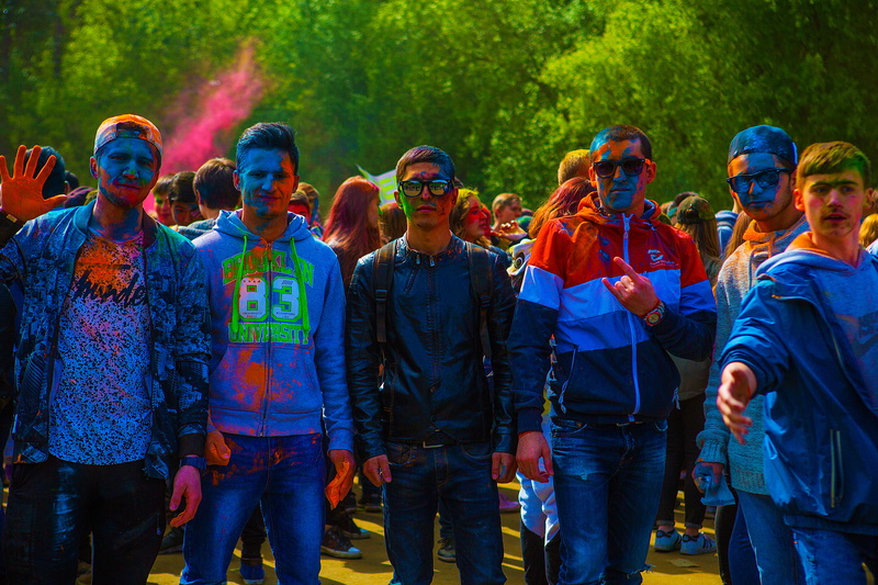 childrens pajamas, animals, paint, photo, men, standing, red, group, man, green, togetherness, hug, blue, young men, adult, bright, moscow, tradition, summer