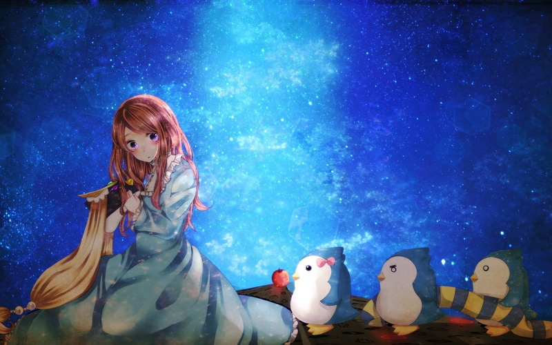 takakura, mawaru, penguindrum, stars, skyscapes, girls, 720P, anime, apples, himari, penguins