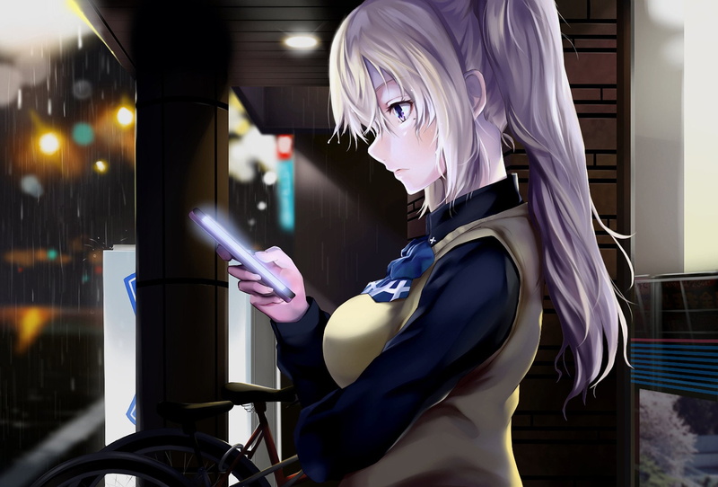 Myriad Colors Phantom World, Anime, Long Hair, White Hair, Mai Kawakami, Purple Eyes, 720P, Smartphone, Rain, Musaigen no Phantom World, Twintails, bow