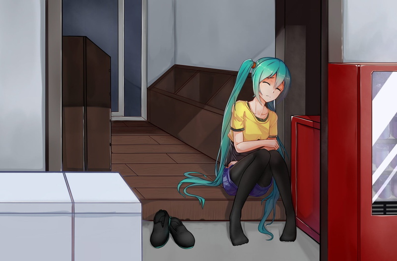architecture, casual clothing, child, clothing, innocence, long hair, day, twintails, indoors, entrance, 720P, stockings, aqua hair, sleeping, tiled floor