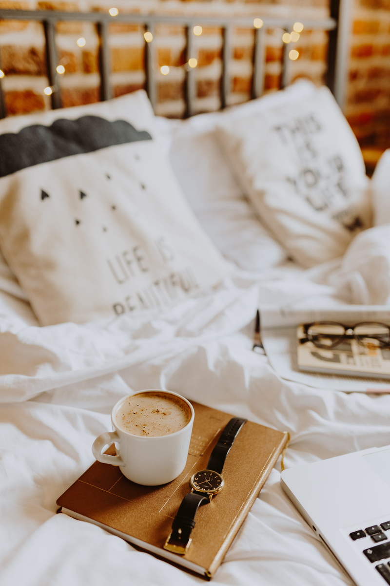 working, table, bedroom, bed office, saucer, coffee cup, still life, no people, bed, 5K, bricks, mug, bedding, drink, indoors, book, coffee - drink, home