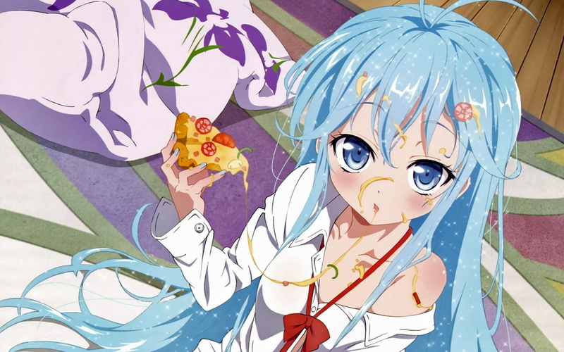 blue hair, no people, anime girls, female likeness, 720P, high angle view, craft, human representation, multi colored, domestic animals, male likeness