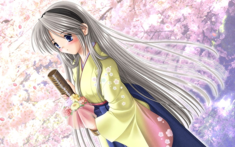 flowering plant, Clannad, lifestyles, women, scarf, day, anime girls, pink color, front view, leisure activity, plant, 1080P, Sakagami Tomoyo, three quarter length