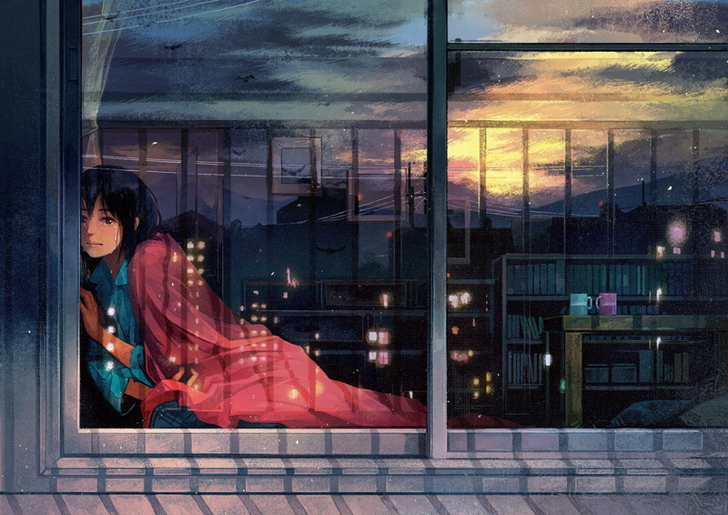 original, brown, hair, 1080P, black, eyes, sad, short, anime, crying, pajamas, girl
