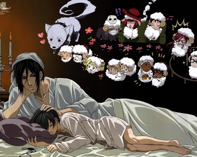 Sleep, Pajamas, Kuroshitsuji, Boy, Tenderness, 720P, illuminated, decoration, adult, female likeness, women, Girl, lifestyles, large group of objects