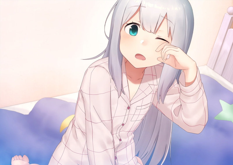 eyes, sagiri, loli, 1080P, 241532, eromanga-sensei, hair, blush, aqua, pajamas, long, dacchi, izumi, bed, barefoot, gray, com, konachan, wink