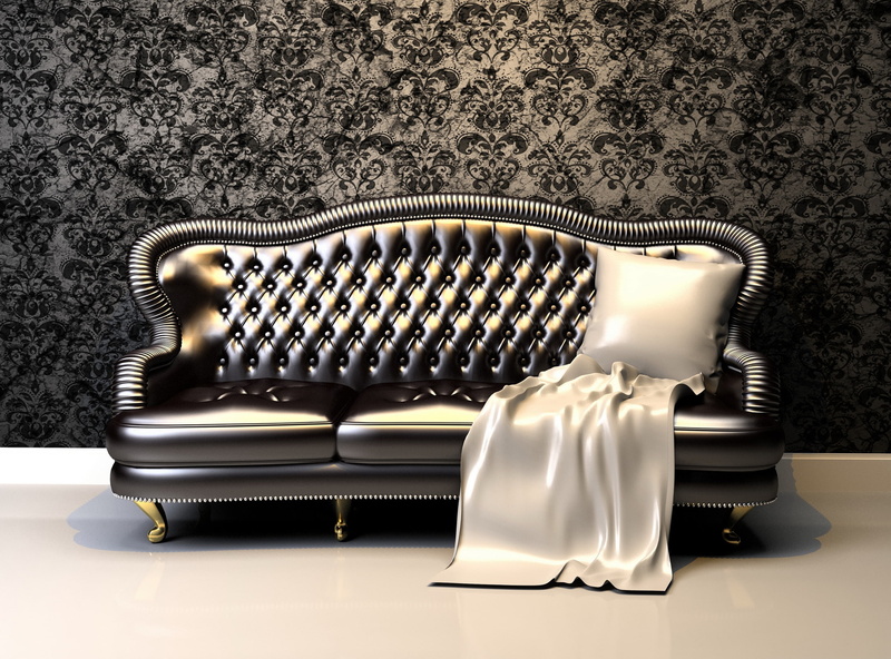 studio shot, still life, the past, couch, Sofa, ornate, hd, black, classical style, silver colored, leather, no people, retro styled, history