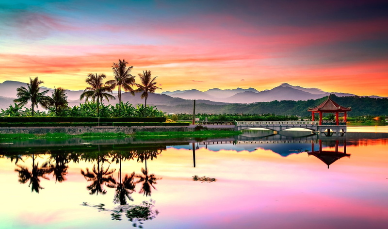 dawn, 1080P, furniture, mountains, China, Lake, clouds, jungles