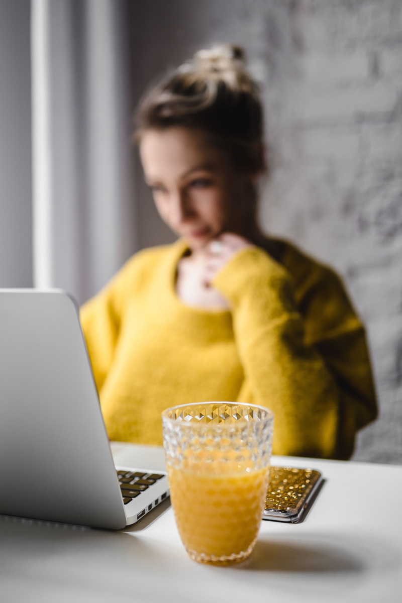 household equipment, one Person, surfing the Net, drinking glass, working, connection, table, drinking, females, indoors, internet, casual Clothing, home office