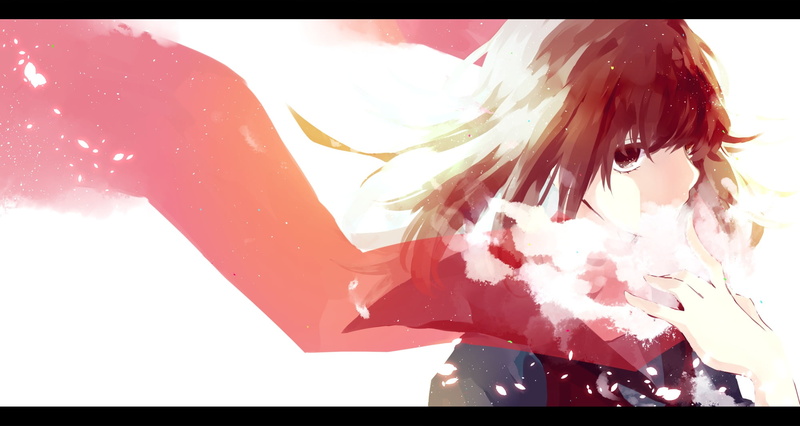 women, red, nature, young adult, day, transfer print, scarf, hairstyle, outdoors, real people, anime, low angle view, anime girls, close-up, hair, Tateyama Ayano