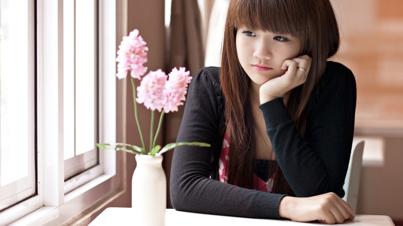 people, contemplation, sitting, lifestyles, black, indoors, girl, cute, long, office, flowers, teenager, human Face, asian, elegance, hair, happiness, relaxation