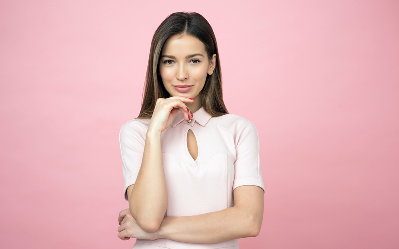 casual, adult, beautiful, beautiful woman, studio shot, waist up, young women, front view, photo, hair, girl, young adult, looking at camera, pink color