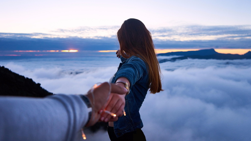 hand in hand, dating, woman, girl, trust, clouds, confidence test, horizon, sky, confidence, couple, test, outdoor, 4K, hand, hands, long hair, mountain