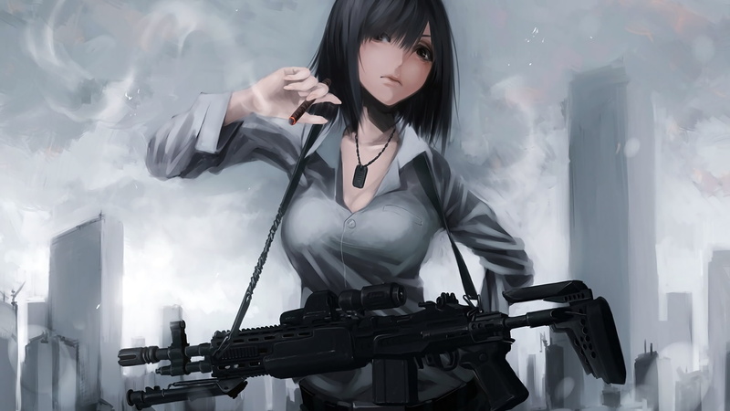 smoking, M14 EBR, 1080P, anime, gun, short hair, weapon, original characters, anime girls