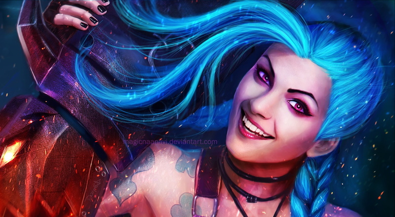 cannon, Loose Cannon, headshot, character, Jinx, lifestyles, nightlife, Digital, blue, Battle, Artwork, anime, looking at camera, Multiplayer, young women