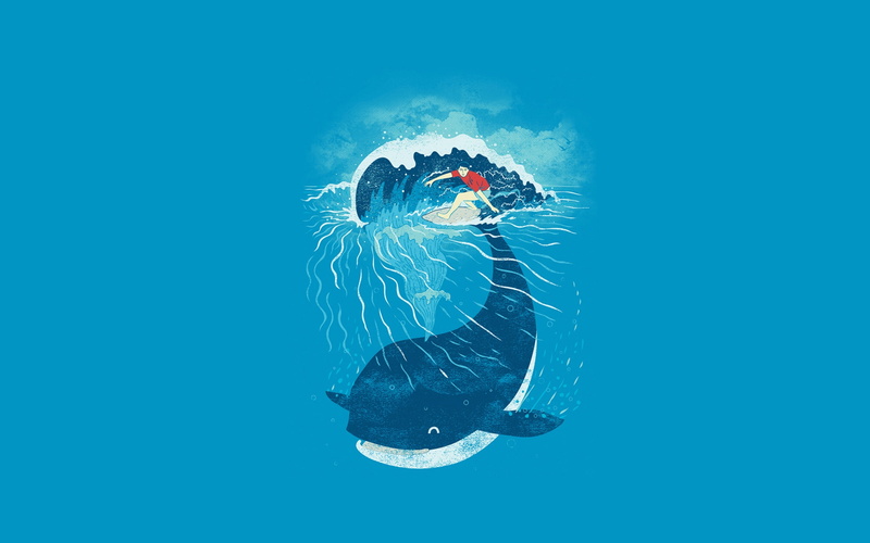 fantasy, white, black, board, wave, whale, sea, surfing, ocean, 2K, minimalism, illustration, surfer, whales
