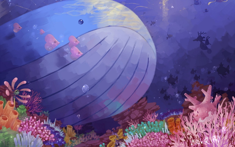 high angle view, water, nature, whale, blue, sea, 1080P, outdoors, no people, pink color, Pokémon, flowering plant, plant, tree, swimming pool, illustration