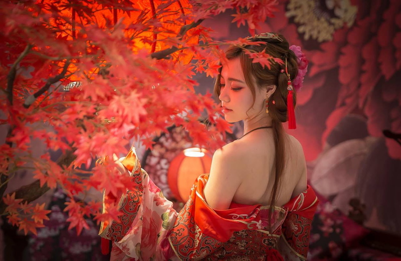 festivals, change, leaf, one person, red, red leaves, traditional clothing, hairstyle, autumn, tree, 480P, hair ornament, Asian, clothing, women, fashion