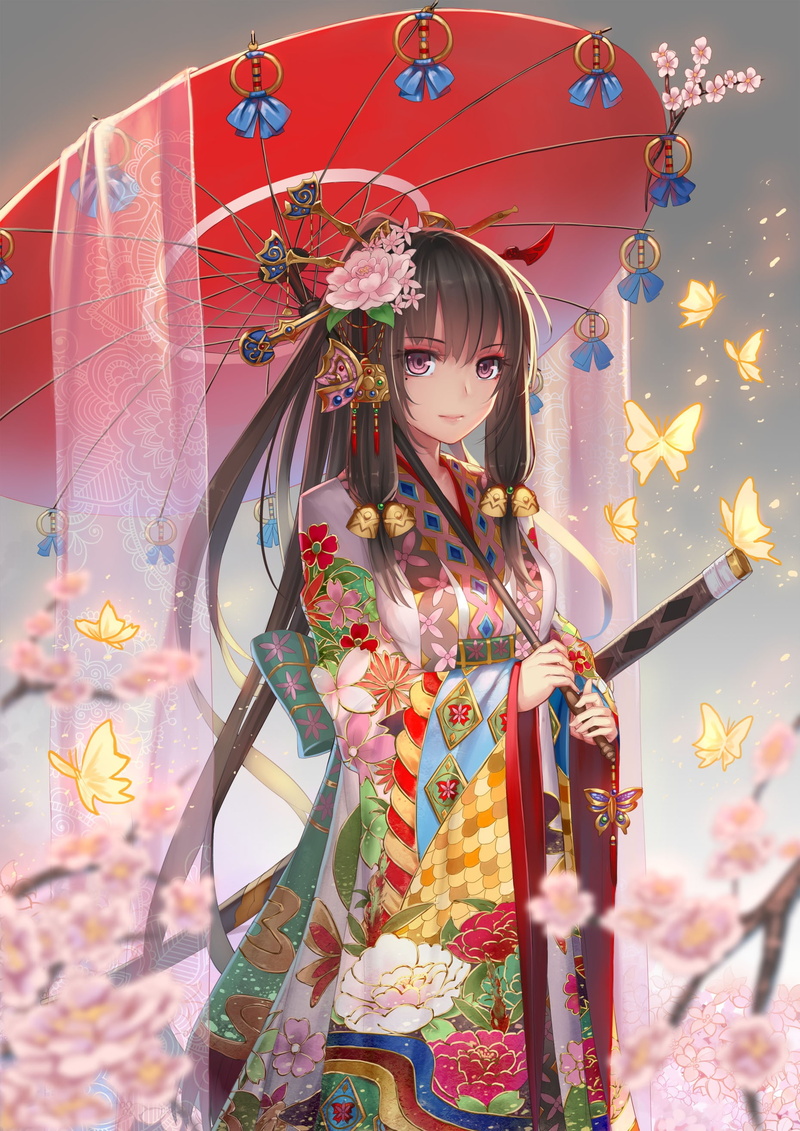 umbrella, dark hair, 2K, sword, hair ornament, anime, anime girls, kimono, long hair, Japanese clothes