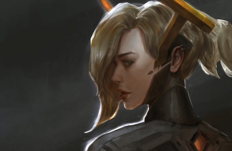 1080P, contemplation, indoors, hair, portrait, anime, young adult, profile view, Overwatch, looking, Mercy (Overwatch), looking away, adult, hairstyle