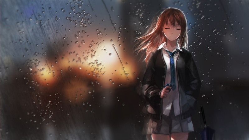 women, wet, casual clothing, three quarter length, young women, school uniform, lifestyles, front view, looking, manga, outdoors, headphones, hairstyle