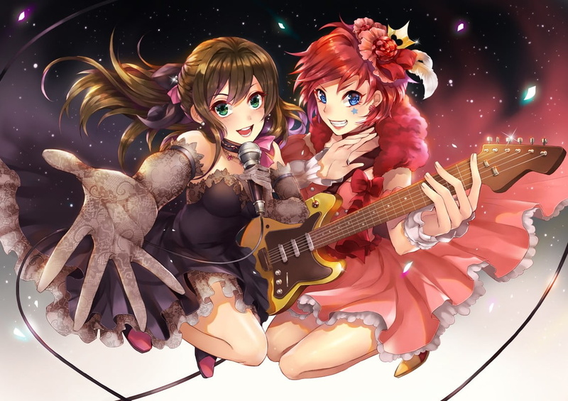 480P, illuminated, string instrument, night, arts culture and entertainment, anime, human representation, celebration, musical instrument, representation