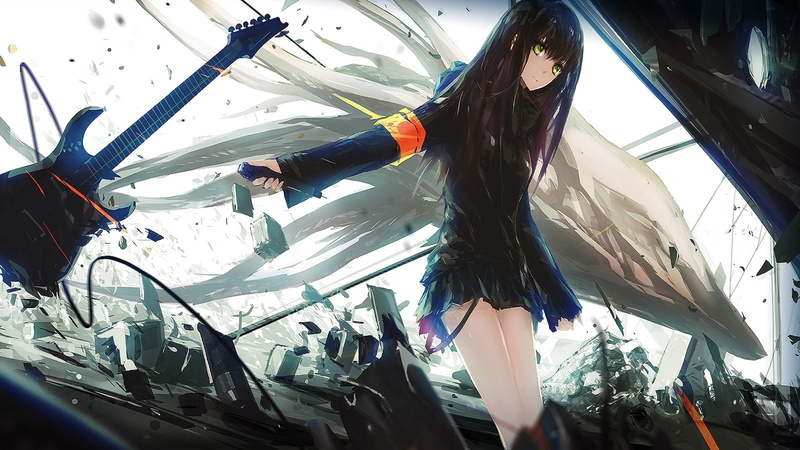 anime, artwork, digital art, 720P, anime girls, skirt, green eyes, long hair, guitar, Shibuya Rin
