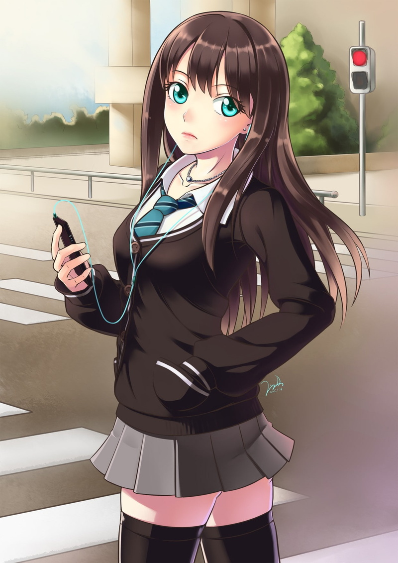 blue eyes, holding, connection, 720P, mobile phone, technology, portable information device, looking at camera, anime, portrait, obscured face, standing