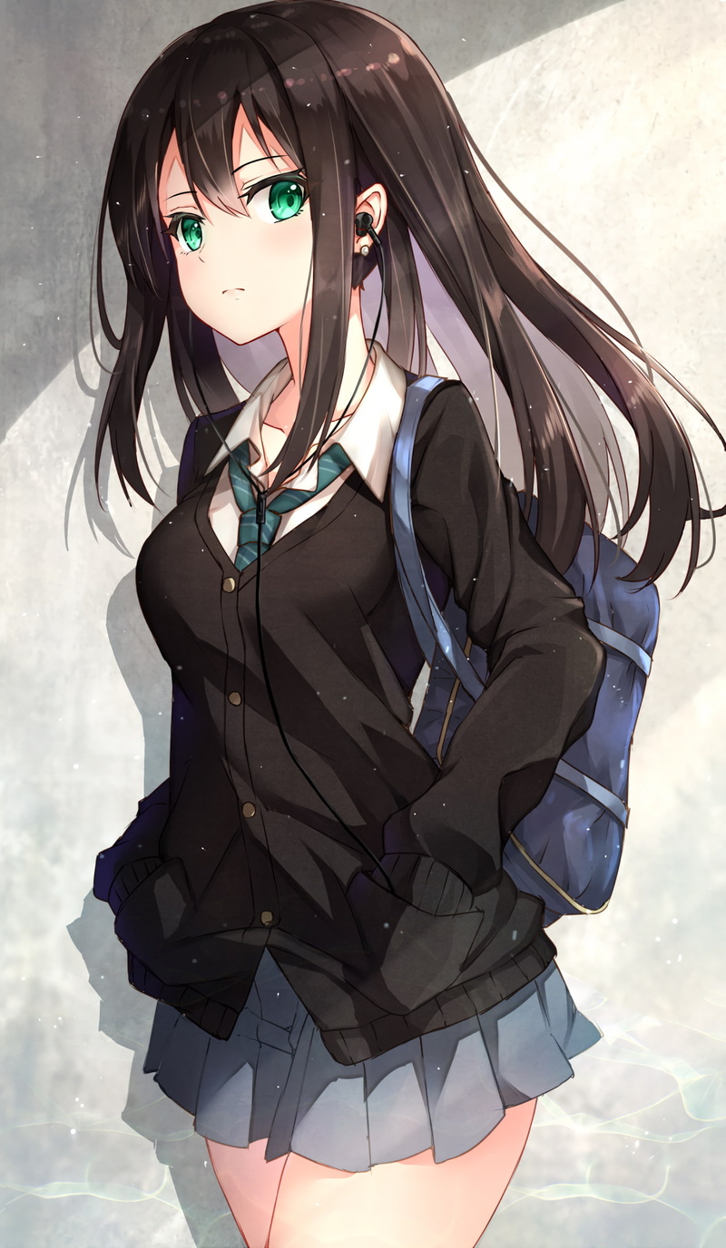 anime, women, portrait, beautiful woman, adult, clothing, long hair, females, skirt, 1080P, brunette, standing, aqua eyes, Shibuya Rin, young women, three quarter length