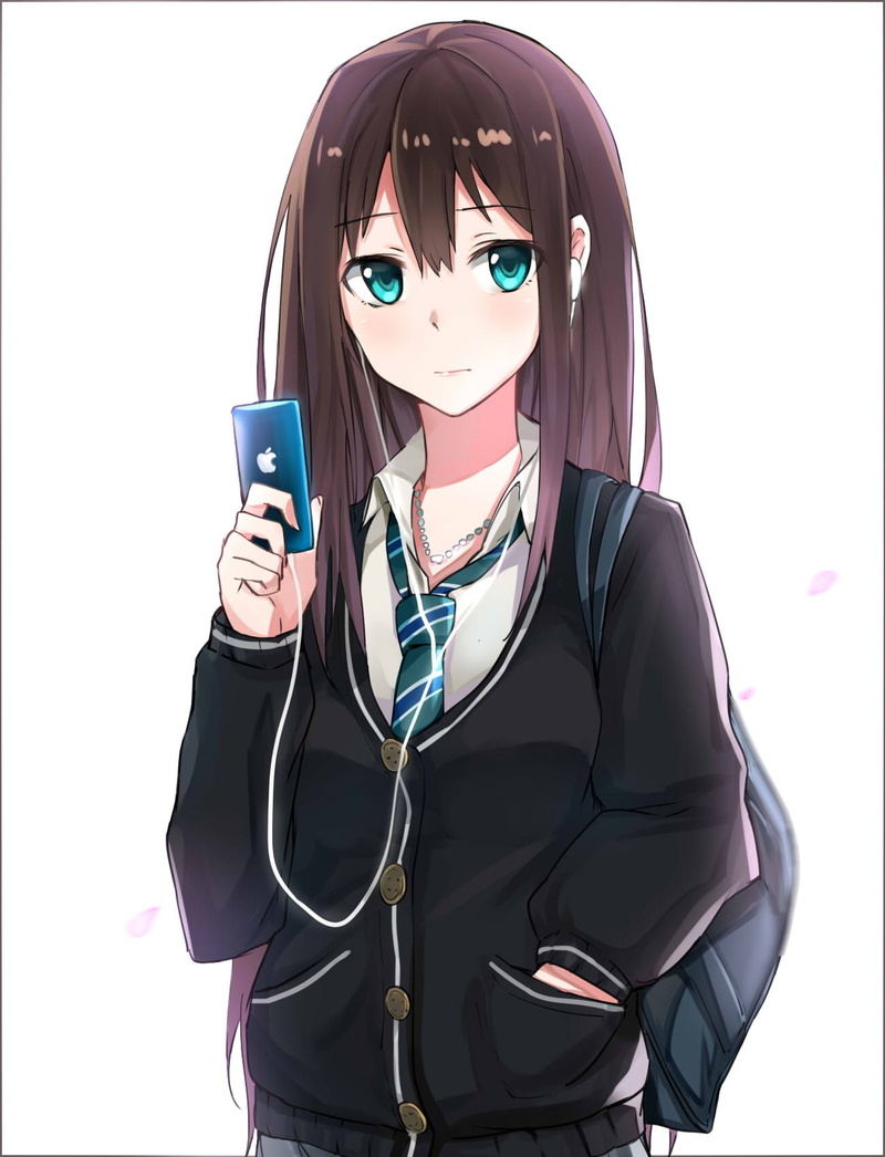 anime girls, long hair, 720P, anime, brunette, smartphone, sweater, aqua eyes, Shibuya Rin, headphones