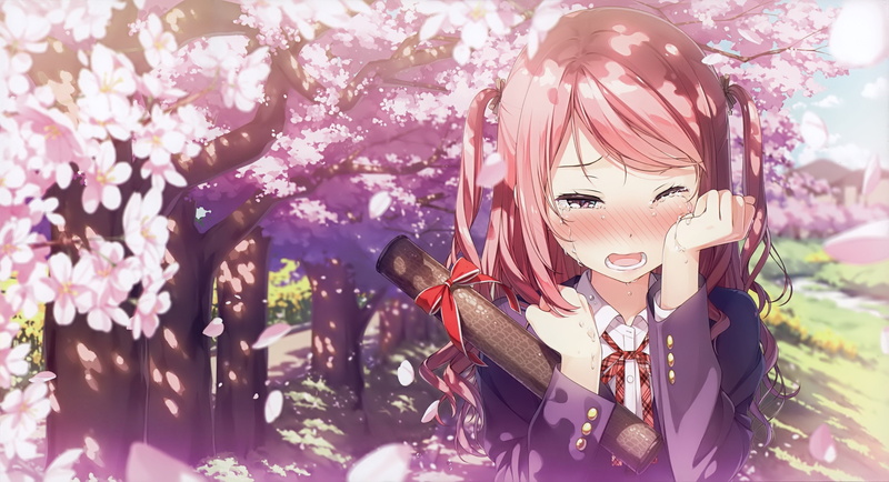 Blushing, Kantoku, Kurumi (Kantoku), School Uniform, Cute anime girl crying, Cherry Blossom, Pink Hair, tears, Pink Eyes, Trees, Hair Bows, Long Hair, 2K