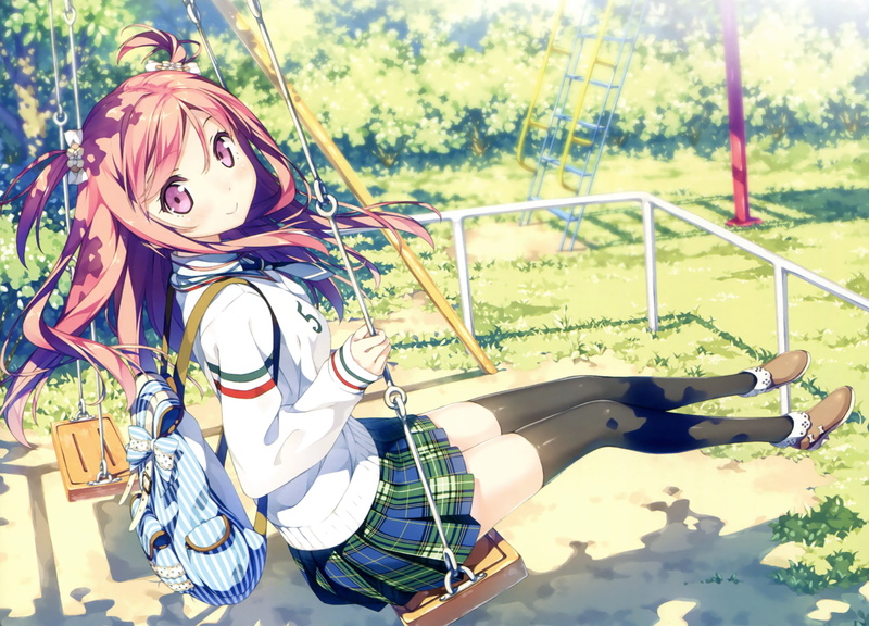 art and craft, swing, kurumi, outdoors, clothing, land, amusement park ride, pink hair, absence, childhood, 2K, field, focus on foreground, animal representation