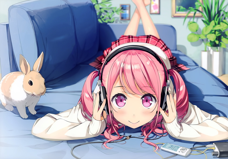 twintails, pink hair, anime girls, headphones, rabbits, 2K, Kurumi (Kantoku), long hair, skirt, anime, pink eyes