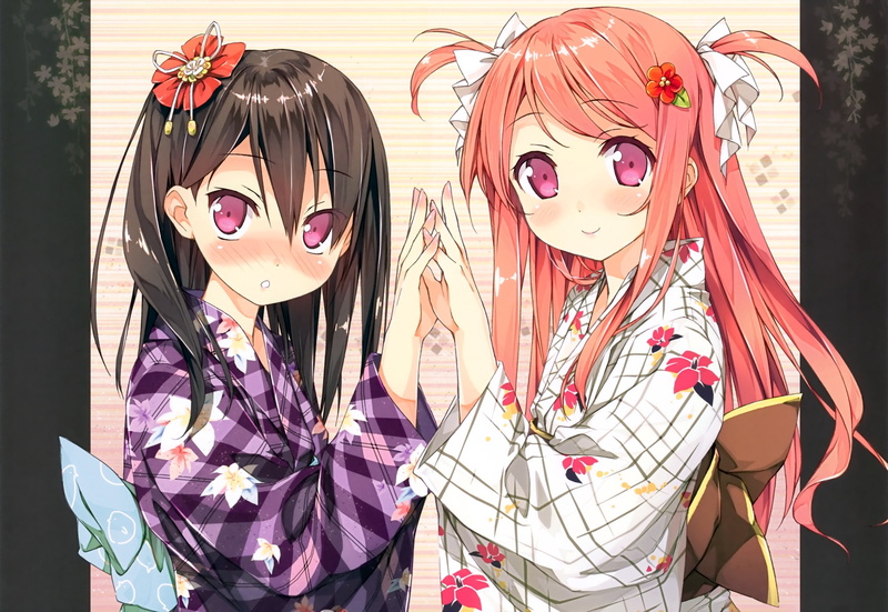 2K, artist, kurumi, kantoku, Flowers, clothes, hd, japanese, brunettes, x, yukata, blush, art, nature, anime, shizuku, girls