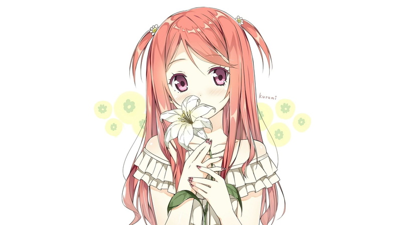 (kantoku), (freedom), red, photoshop, kurumi, purple, 720P, original, white, eyes, sky, long, twintails, flowers, blush, necklace, hair