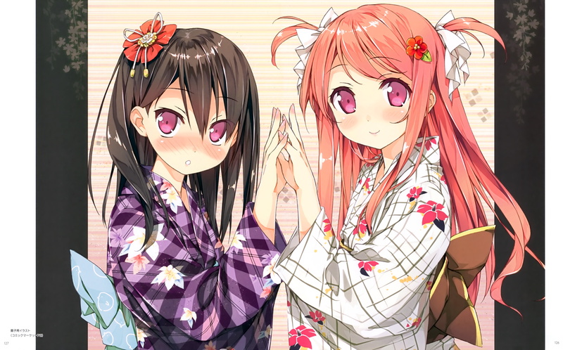 girls, holding, kantoku, artist, twintails, clothes, brunettes, orange, hair, eyes, 4K, blush, kurumi, characters, anime, shizuku, japanese, hands, ornaments