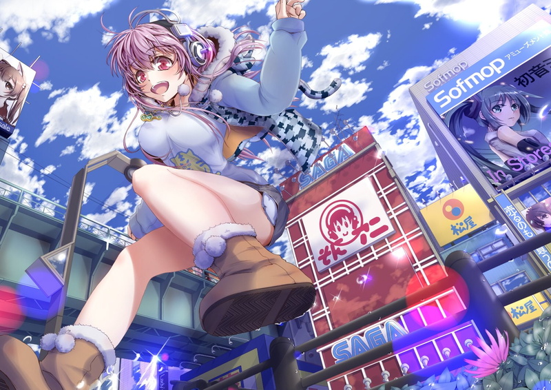 headphones, super, boots, eyes, miku, sonico, nitroplus, imo, necklace, sky, vocaloid, 720P, clouds, building, pink, bouya, short, hair, hatsune