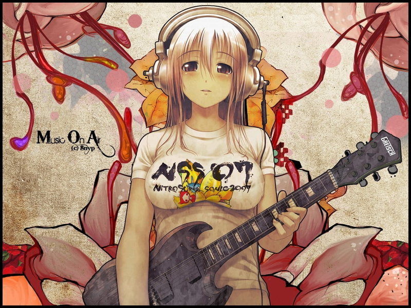 anime, snyp, guitars, supe, hd, people, girl, colorful, long, hair, 720P, instruments, art, eyes, headphones, red, nitroplus