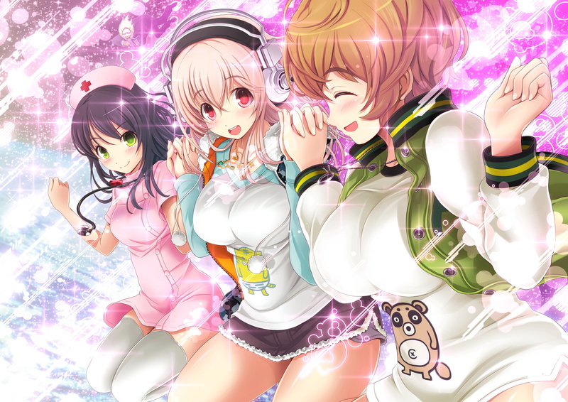 eyes, suzu, sonico, brown, 2K, v mag, hat, red, fujimi, short, black, headphones, nurse, hair, green, necklace, nitroplus, thighhighs, long, blush