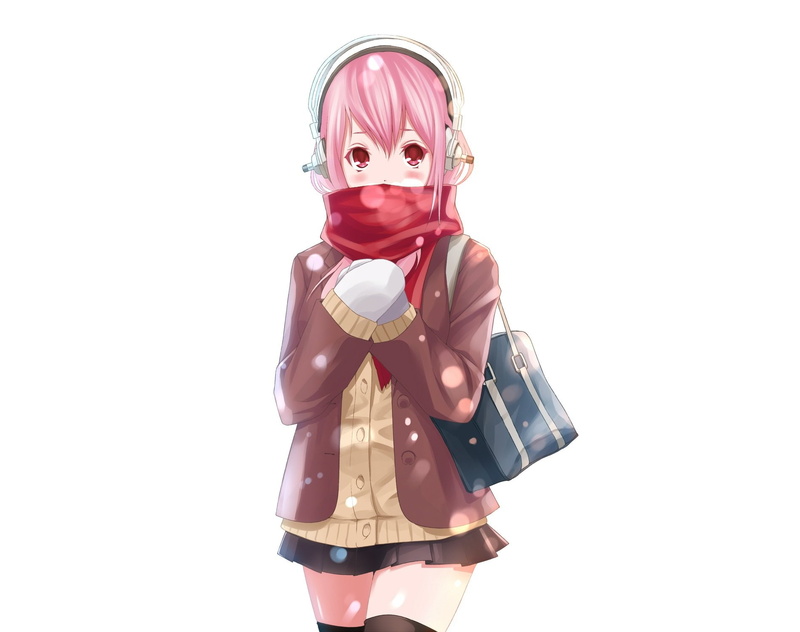 headphones, scarf, sonico, long, noto, pink, skirt, 720P, gloves, eyes, white, hair, super, nitroplus