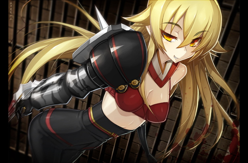 muramasa, weapon, chachamaru, con, blonde, armor, full, daemon, eyes, 720P, calpis, yellow, hair, metal, nitroplus, blood, dougan, ashikaga