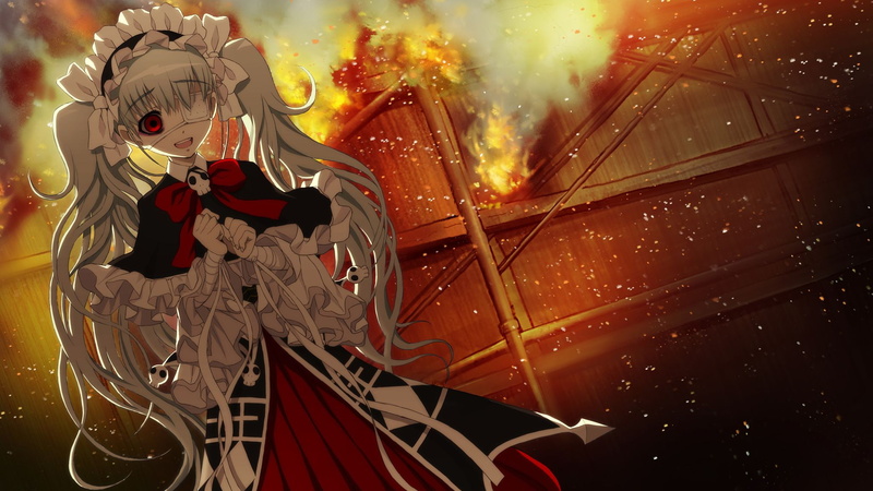 nooko, eyes, nitroplus, tsuji, hair, game, gothic, eyepatch, white, gray, dress, twintails, fire, 1080P, santa, axanael, red