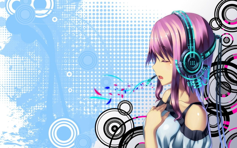 indoors, anime girls, closed eyes, Super Sonico, representation, abstract, modern, music, pink color, purple, young adult, human body part, adult, futuristic