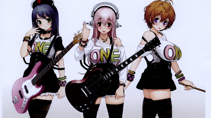 headphones, girls, representation, guitar, Fujimi Suzu, pink hair, three quarter length, front view, studio shot, costume, brunette, indoors, Super Sonico
