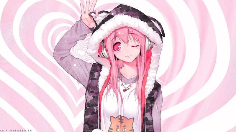 Hoodie, Super Sonico, Headphones, Animal Ears, Pink Hair, Long Hair, Red Eyes, Wink, Smile, Anime, Girl, Blush, 1080P