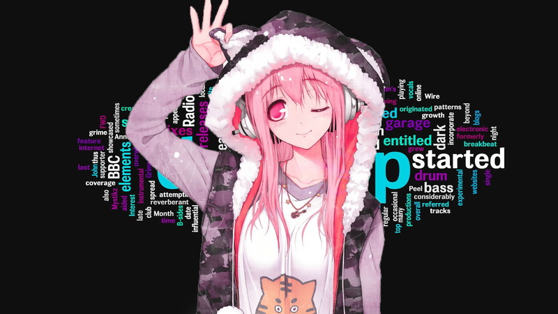 headphones, typography, 1080P, Super Sonico, anime girls, dubstep