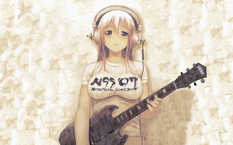 girls, music, guitar, 2610x1631, anime, headphones, super, super sonico, anime girls, sonico, 2K