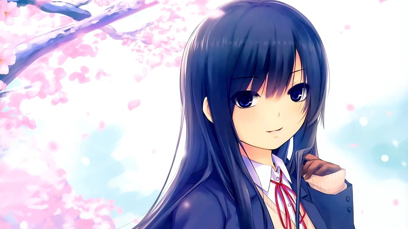 cherry blossom, representation, nature, front view, smiling, Coffee-Kizoku, purple, real people, waist up, brunette, original characters, hairstyle, lifestyles