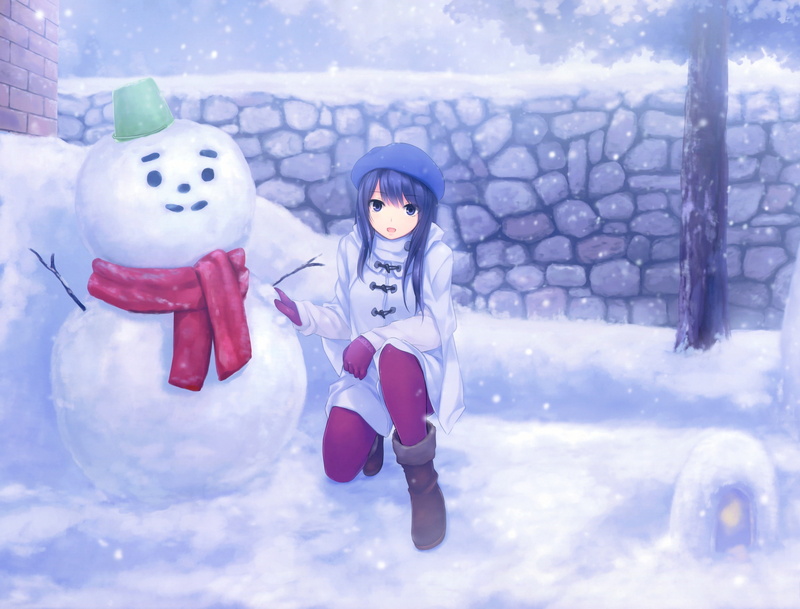 2K, anime girls, original, 3500x2663, coffee-kizoku, girls, anime, coffee, kizoku, snowman, original characters, characters